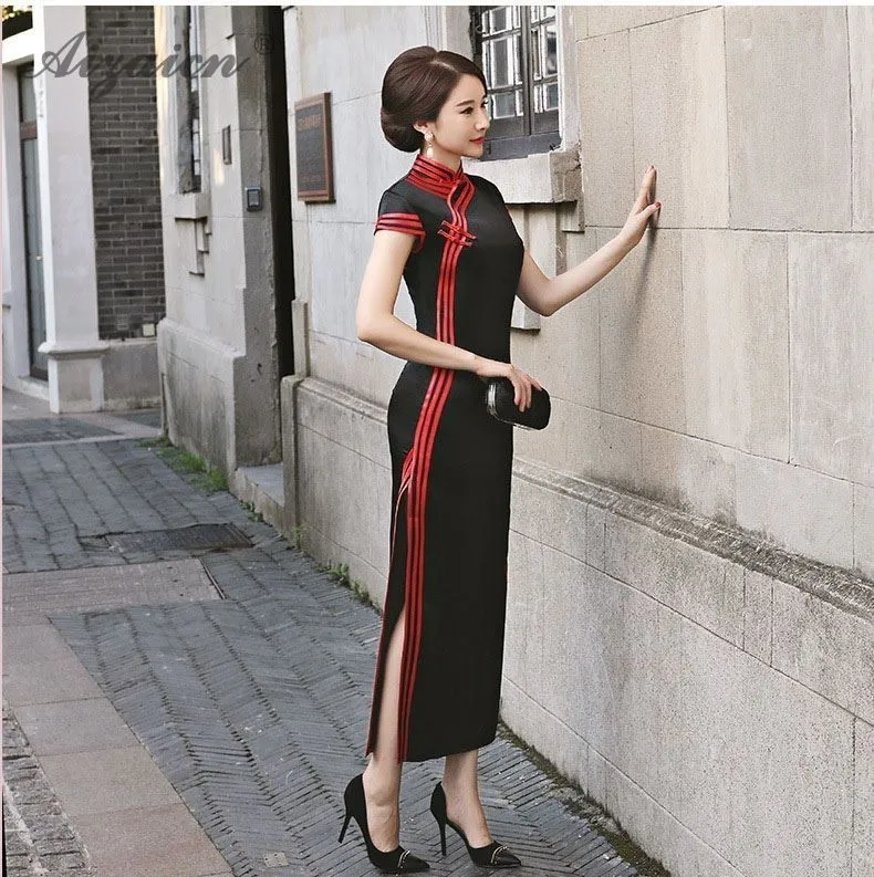 Черное винтажное платье Femme Slim Cheongsam Современные длинные платья Qi Pao женское традиционное китайское платье в восточном стиле халат Ципао