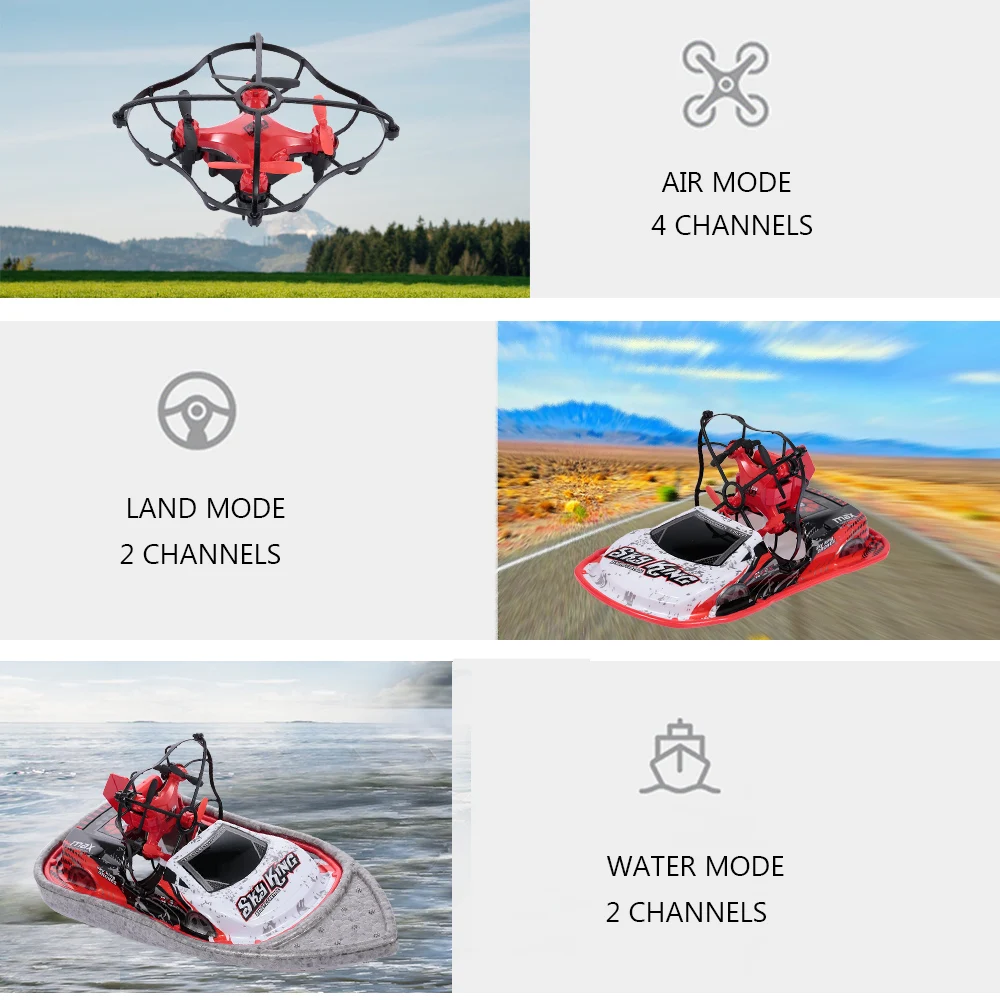 

3 in 1 PVC Mini RC Boat Drone Car Sea Air Land Mode 3-mode Altitude Hold Headless Mode RC Boat Quadcopter Drone RTF
