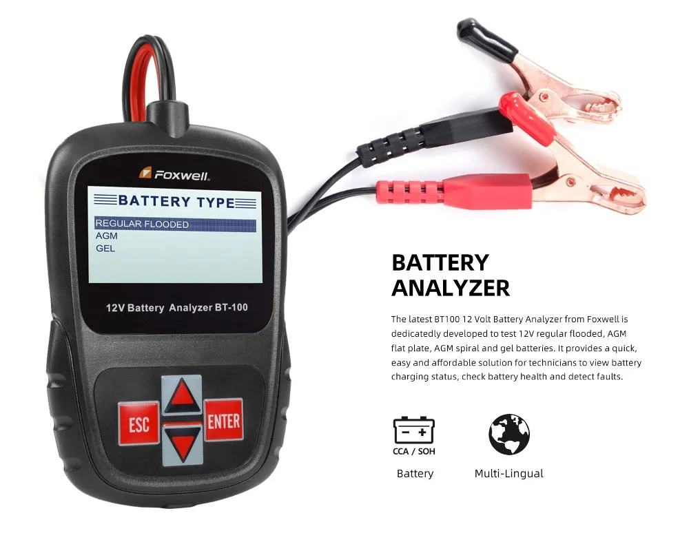 FOXWELL BT100 PRO 12V тест на батарею автомобиля er для затопленных AGM гель 100 до 1100CCA 200AH тест на здоровье батареи/неисправности анализатор диагностики