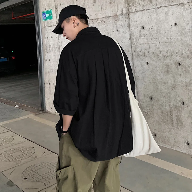 

2019 Summer Men Casual Loose Thin Solid Color Pockets Work Clothes Turn-down Collar Short Sleeve Cotton Brand Shirt Homme S-2XL