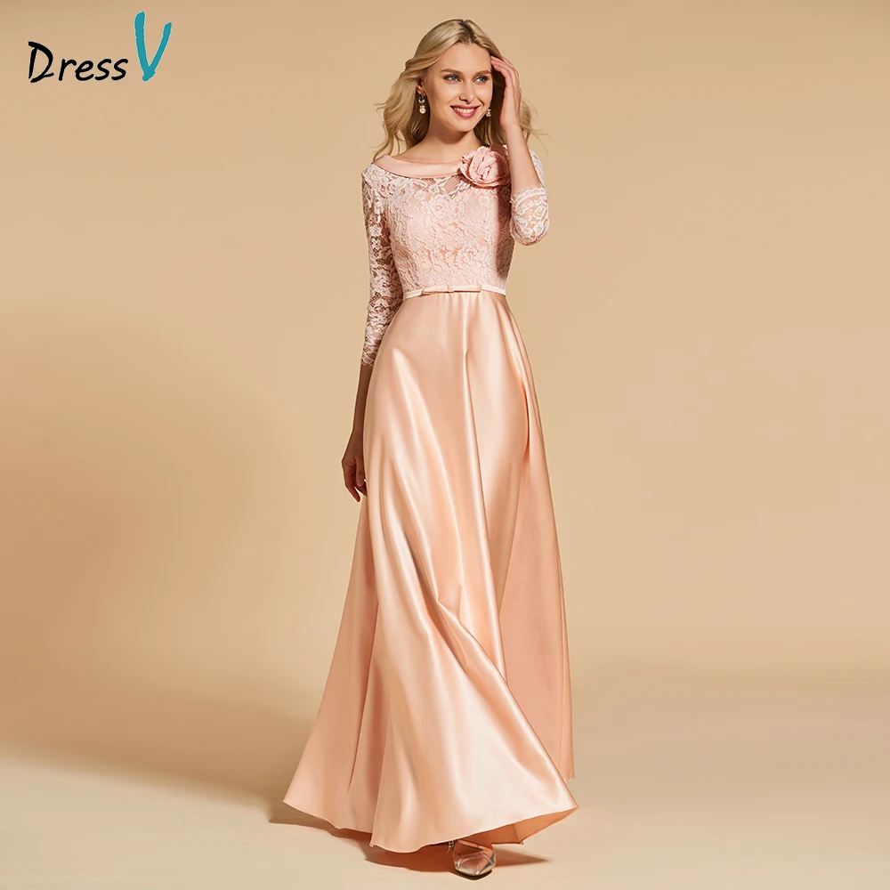 

Dressv flesh pink evening dress scoop neck a line 3/4 sleeves floor-length pockets wedding party formal dress evening dresses