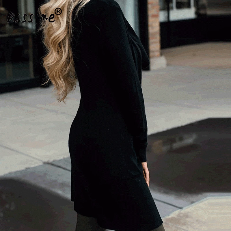 New 2018 Solid Black Color Women Cardigan Long Sleeve V Neck Ladies Tops Mid Knitted Casual Loose clothes XL |