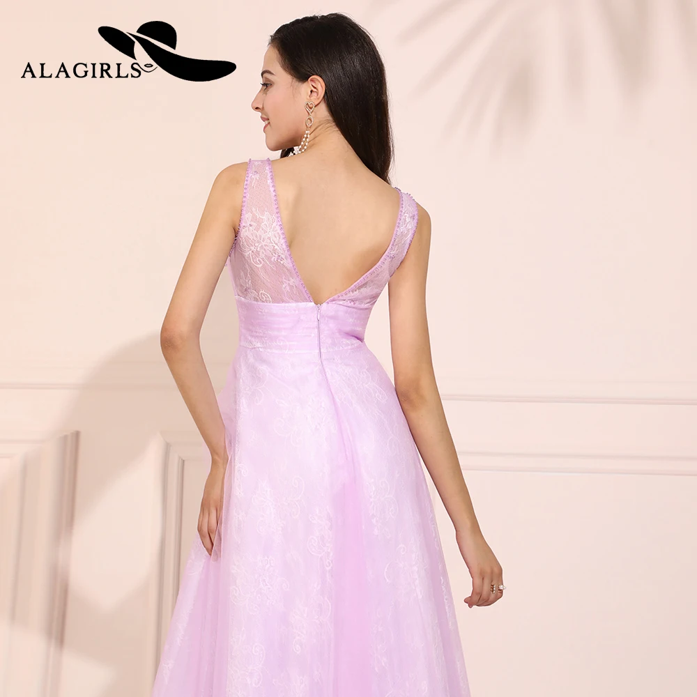 

Alagirls Elegant A Line Tulle and Lace Prom Dresses 2020 V Neckline Beaded Evening Dresses Pink Formal Party Dress Prom Kleid