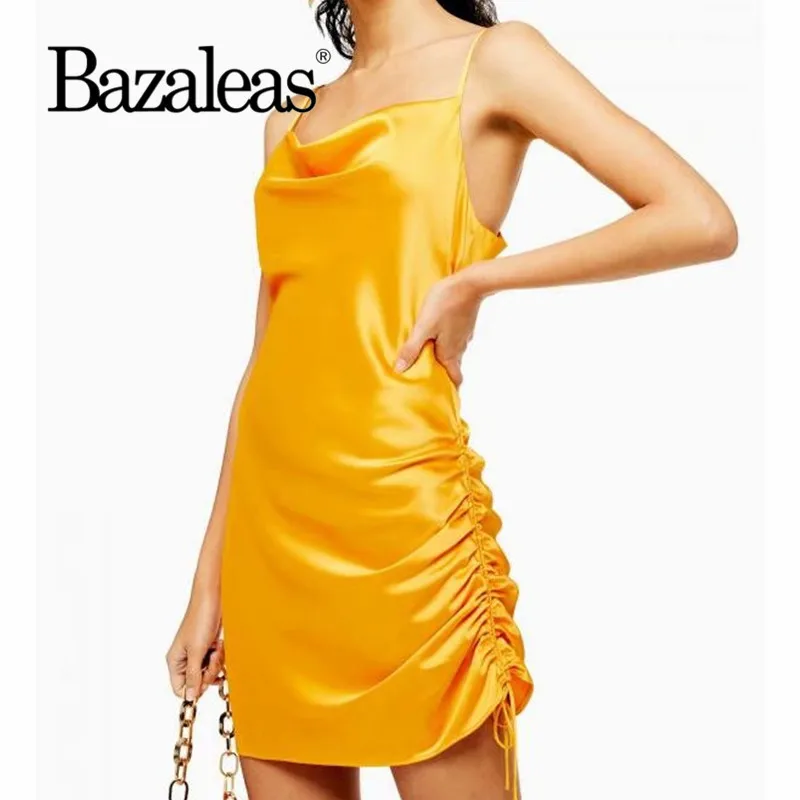 Bazaleas шикарное женское мини платье с боковой шнуровкой vestidos желтое шелковое