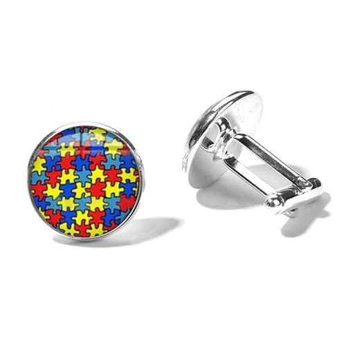 SONGDA высокое качество красочные головоломки штук запонки аутизм осознание Jigsaw знак прозрачный стеклянный кабошон Запонки кнопка Gemelos - Окраска металла: Style 1