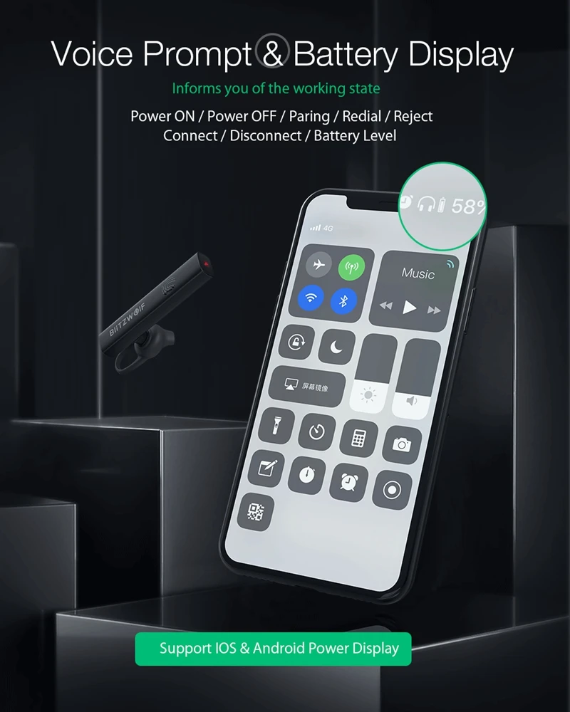 BlitzWolf BW-BH1 беспроводные bluetooth наушники HiFi мини светильник Smart Touch HD звонки шумоподавление одиночные наушники гарнитура