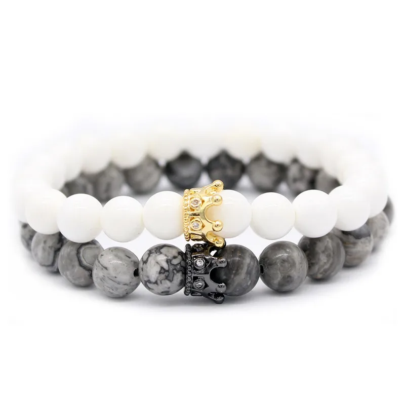 gray white Poshfeel 2 шт 8 мм натуральный камень Бусины Его и Ее Пара Браслеты с короной для влюбленных ручной работы Pulsera MBR180111 - Окраска металла: gray white