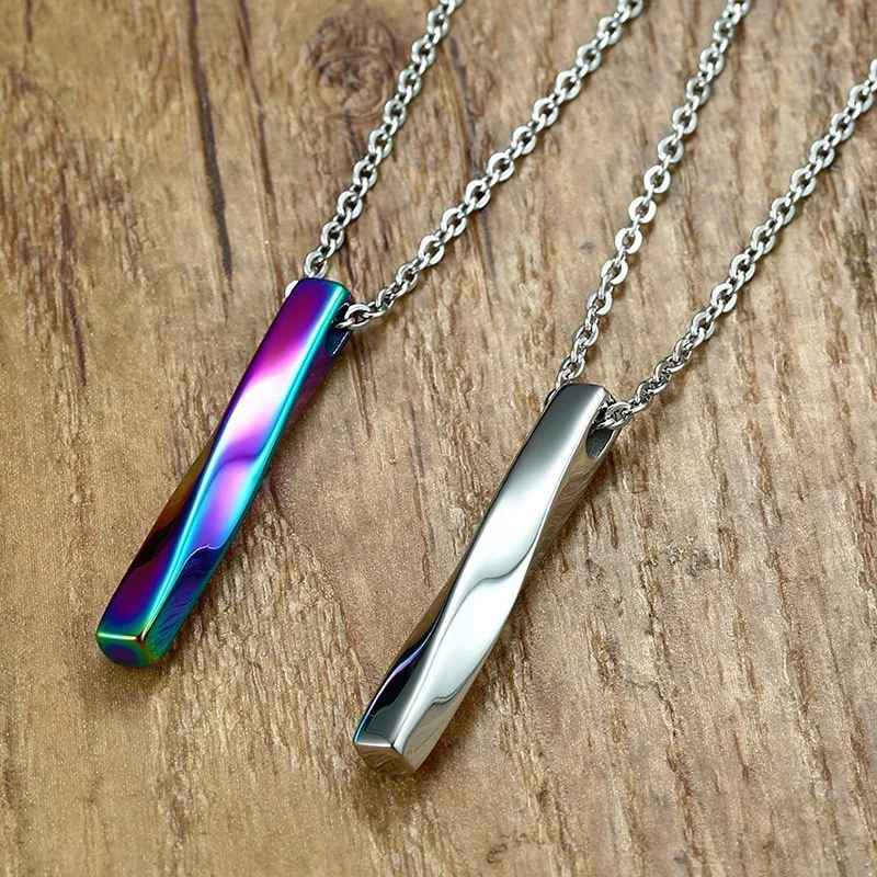 Square Twisted Column Pendant Necklace for Men Stainless Steel Male Female Couples Jewelry Oxidation Rainbow Silver Gold Tone