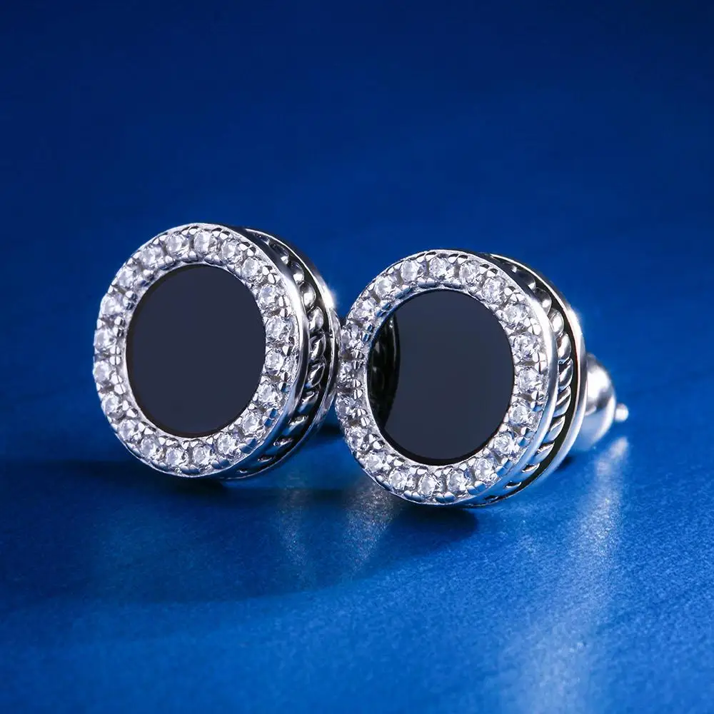 White Gold Stud Earring for Men Black Onyx Inlaid Round Earring Hip Hop Jewelry Punk Earrings