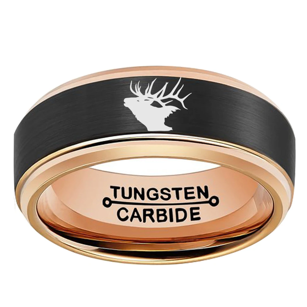 

8mm New Two-Tone Black & Rose Gold Color Male Female Christmas Gift Anniversary Band Tungsten Ring with Deer Antlers Lasered