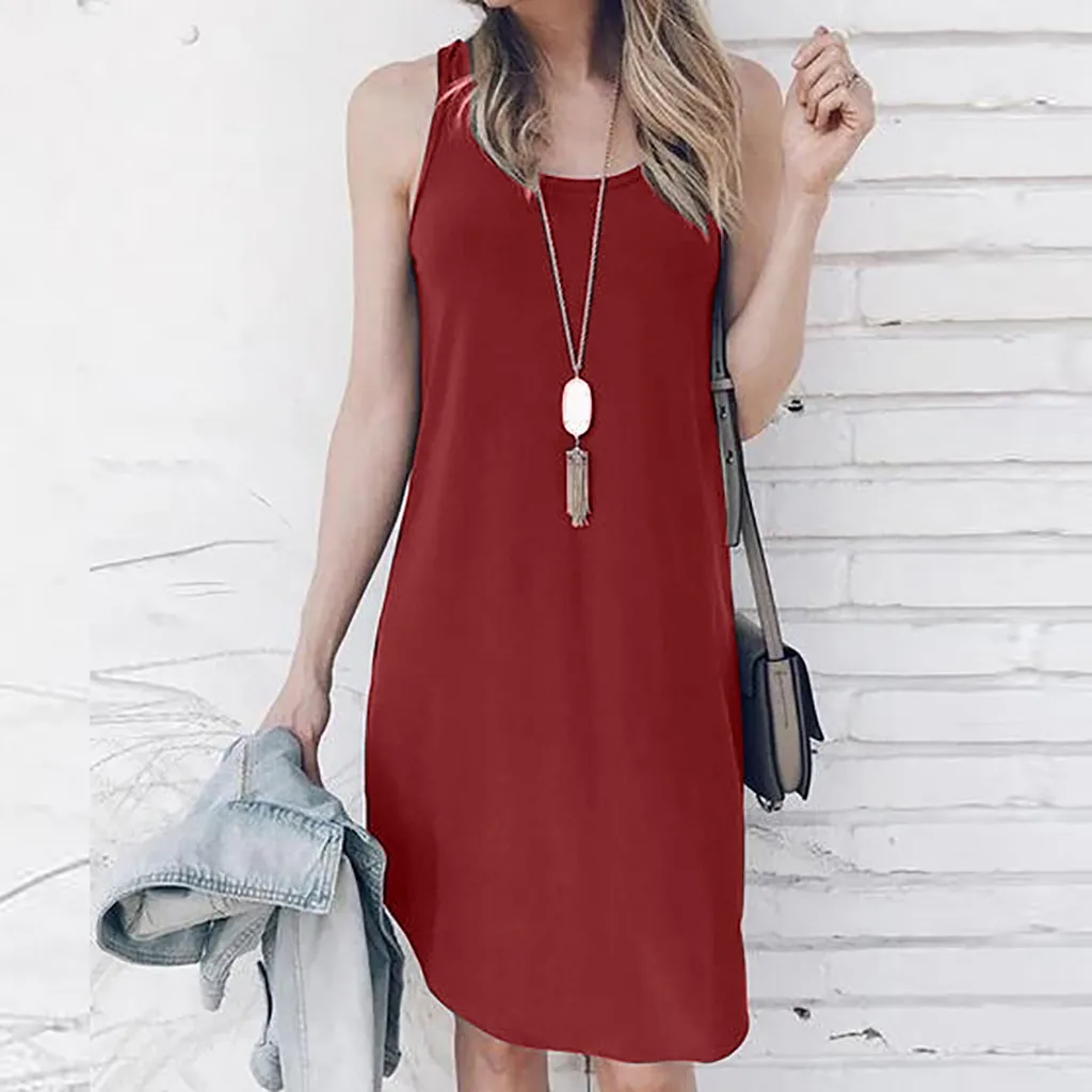 Vestidos Verano 2019 женское однотонное повседневное мини платье без рукавов с круглым