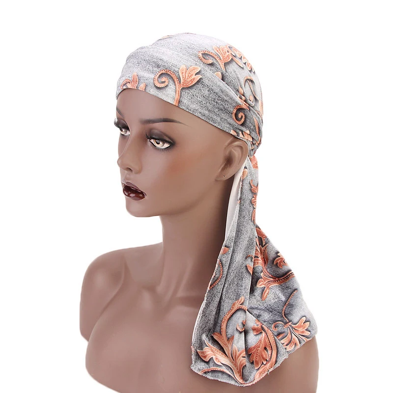 12PCS Unisex Print Head Wrap Soft Hair Accessories Muslim Hat Velvet Floral Print Long Tail Pirate Turban Headwear Random Color
