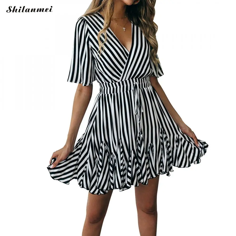 

Ruffle collar boho beach dress women Slim summer striped deep v yellow mini dresses female lace up bandage dress XL vestidos