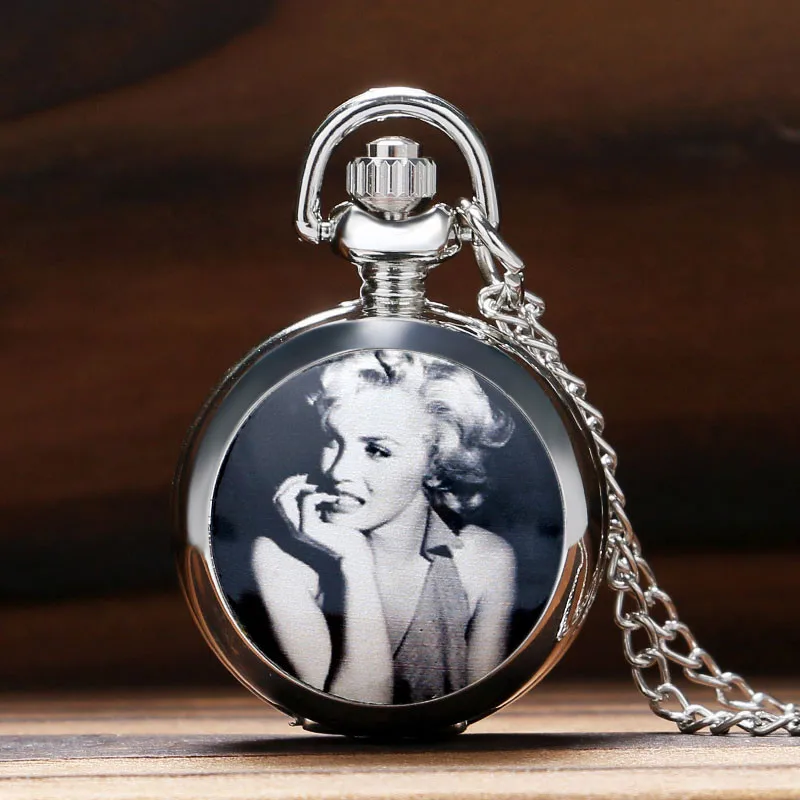 

Marilyn Monroe Oomph Pocket Watch Glossy Silver Locket Slim Chain Elegant Sweater Necklace Women Ladies Girls Clock Refined Gift