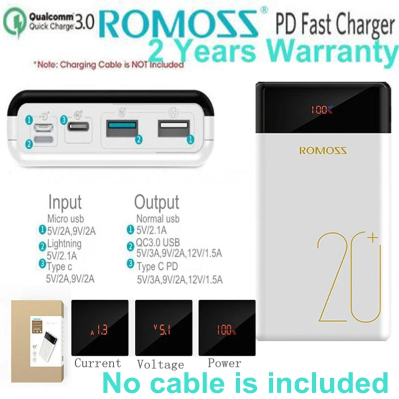 Romoss Quick Charge 3,0 Мощность банк 20000mah PD Тип C Мощность банк QC3.0 9V 12V Для iPhone X Xiaomi huawei samsung Quick Charge