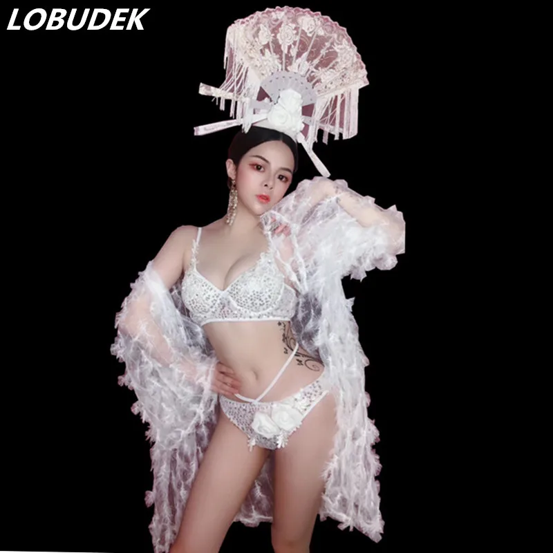 Комплект из 3 предметов женское бикини с белыми кристаллами|Танцевальный костюм