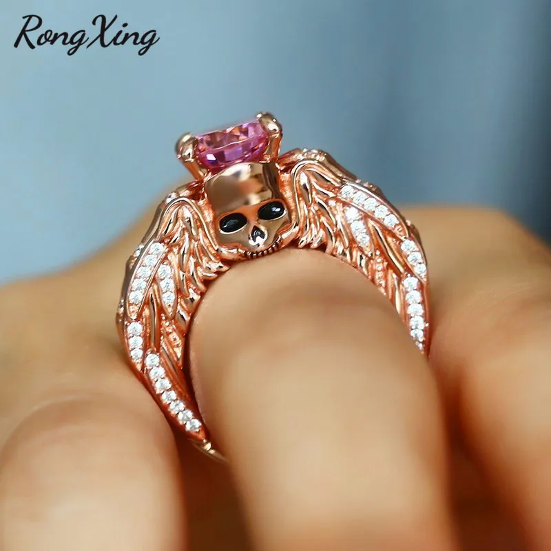 Rongxing старинный панк кольцо с черепом розовое золото круглые циркониевые кольца