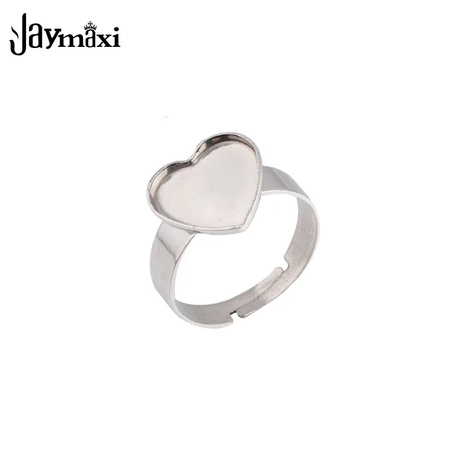 Jaymaxi 12mm Heart DIY Ring Stainless Steel Jewelry Findings Adjustable Ring Support Craft Making 20Pieces/lot