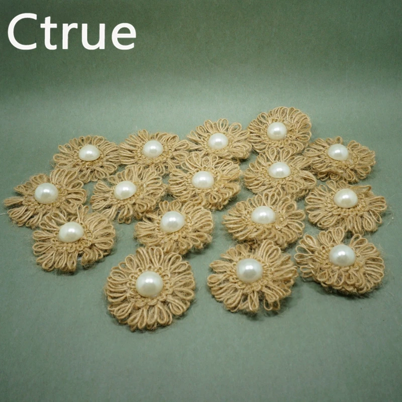 

24pcs/lot Natural Jute Burlap Hessian flower with Artificial beads vintage wedding favor rustic wedding decoration centerpieces