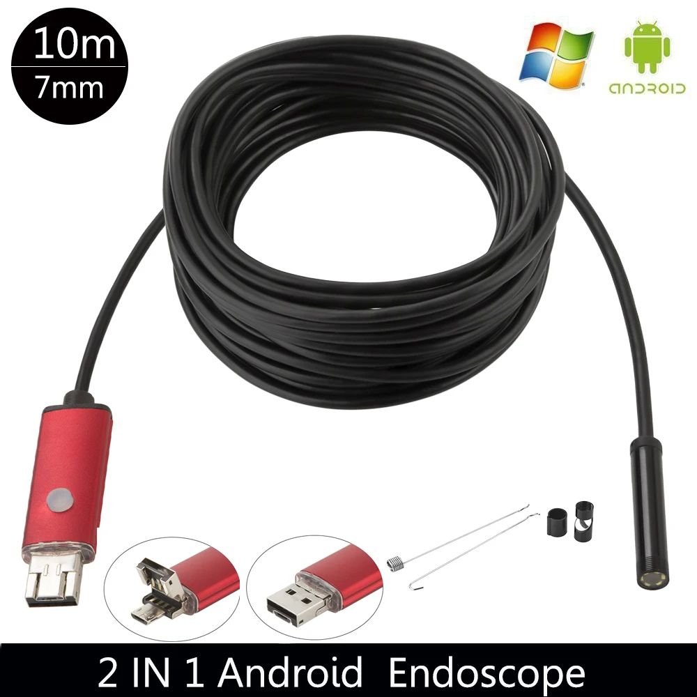 JCWHCAM 10 м Бороскоп USB Камера Эндоскоп 7 мм OTG Micro USB эндоскопическая Инспекционная камера с 6 светодиодный для Android/Win7/8/10