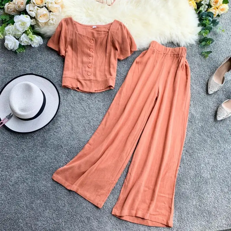 2019 Новый Модный женский комплект из двух предметов однобортный Топ + широкие