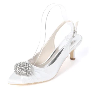 Creativesugar с острым носком слинг slingback атласная вечернее платье обувь плиссированные знать, кристалл брошь свадебное Пром низкие каблуки - Цвет: White
