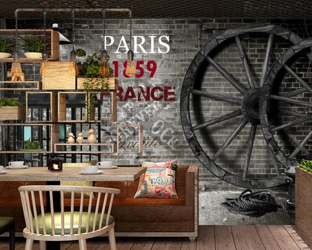 

Free Shipping Custom 3D Restaurant Photo Wallpapers Bar KTV Mural Vintage Brick Wall Wheel Phone Booth Background Wall Mural
