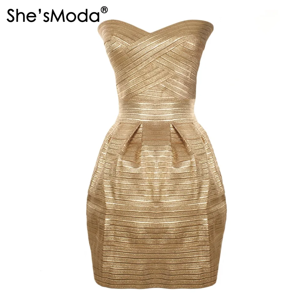 Женское Бандажное мини платье She'sModa Золотое облегающее на груди для свадебной