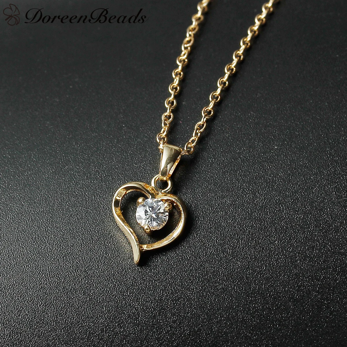 DoreenBeads Медь &amp Циркон Ожерелье Звено Цепи Кабеля Свет Золотое Сердце Полые Кулон