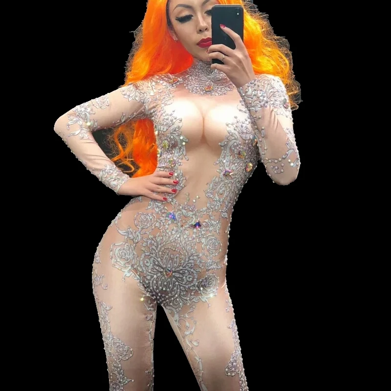 

Women Pattern Sexy Jumpsuit Sparkling Crystal Bodysuit Bling Clothing Nightclub Party Singer Stage Costume Rhinestone Dress