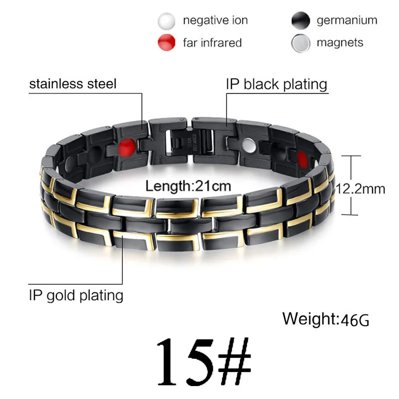 Gold Black 15 Для женщин и мужчин, забота о здоровье, германий, магнитный браслет для артрита и карпального туннеля, 316L, нержавеющая сталь, терапевтические браслеты - Окраска металла: Gold Black 15