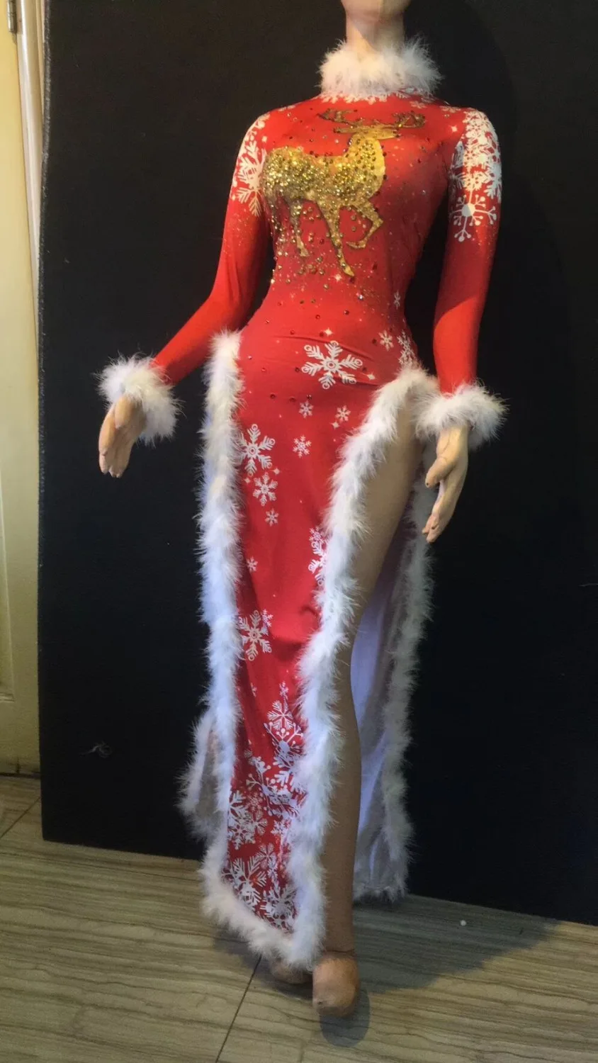 Рождественский стиль женские сексуальные красные кристаллы белый пух Cheongsam