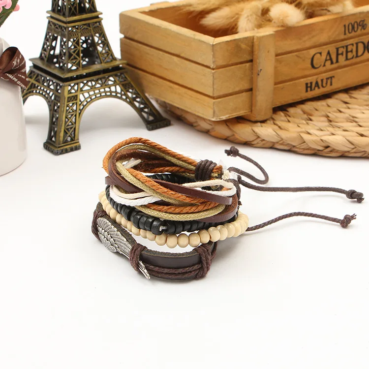 Модные 4 шт набор мужские браслеты и Многослойный кожаный браслет мужской ретро