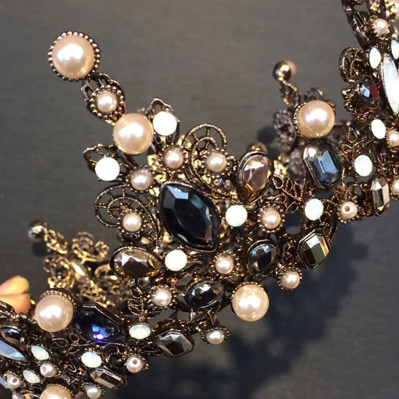 Vintage Baroque Large Tiara Bridal Crown Imitation Pearls Royal Diadems Full Round European Wedding Tiaras Bronze Black Crowns | Украшения