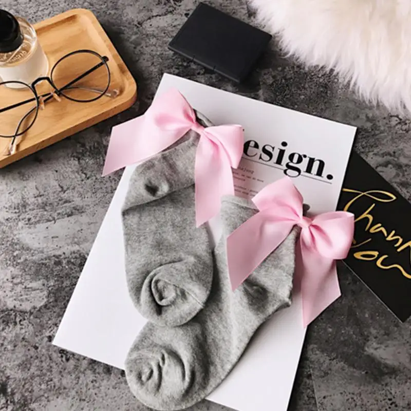 Grey Pink Bowtie Женские рождественские хлопковые носки с большим бантом; однотонные женские короткие милые носки; calcetines mujer; женские рождественские носки; x27s - Цвет: Grey Pink Bowtie