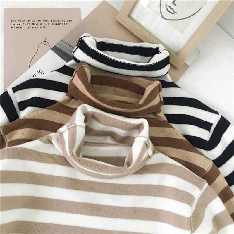 Autumn Turtleneck Striped Women Sweater Skinny Elastic Long Sleeve Knitted Pullovers Feminino Soft Femme Jumper 2019 Spring | Женская