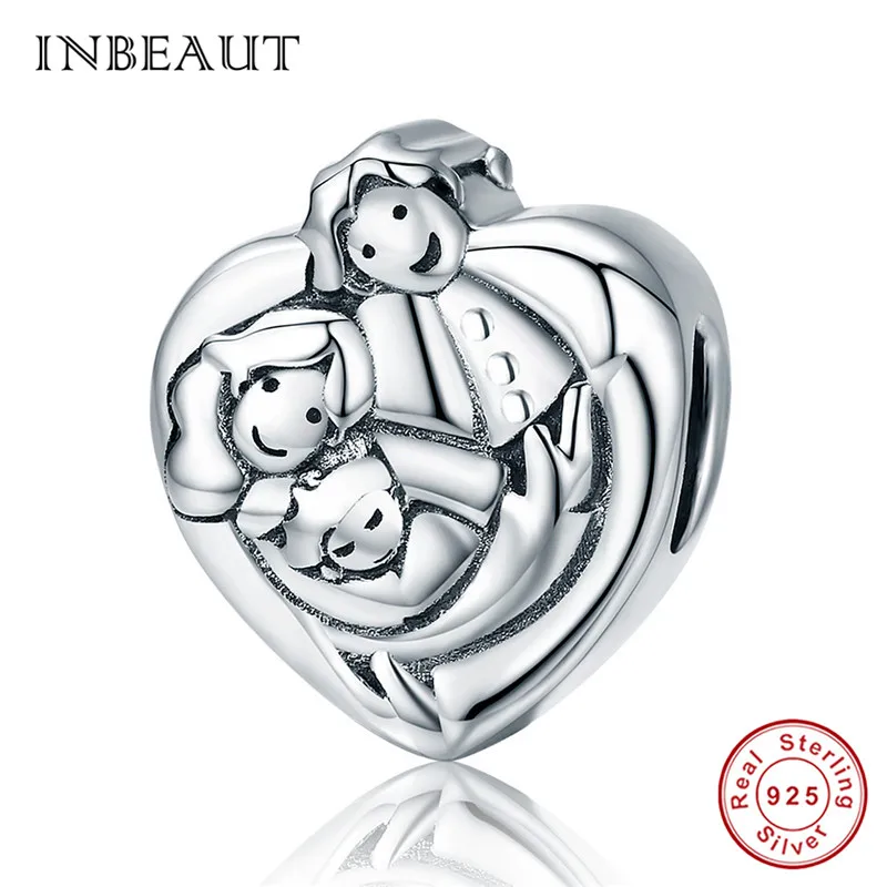 INBEAUT, Настоящее 925 пробы, серебро, любовь, мама и папа, ребенок, сердце, подвески, семейные бусины, Подходит для Пандора, браслет, подарок на день матери