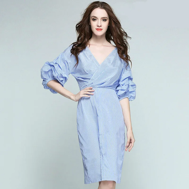 

2019 Spring Casual Women Dresses Striped Cotton Slim Shirt Dress Womens OL Office Work Dress Lantern Sleeve Corset Midi Dresses