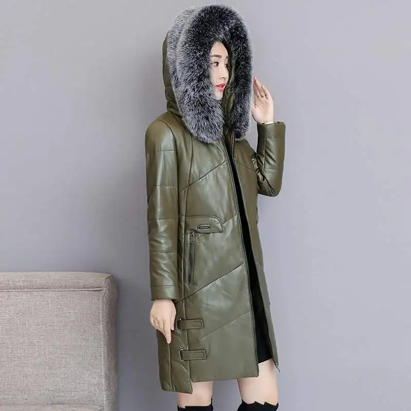 Средний длинный толстый теплый женский пуховик из натуральной кожи 2020 модные