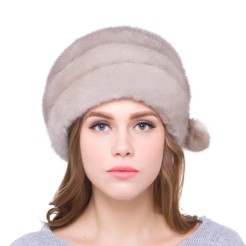 

Real Mink Fur Beret Hat Head Cap Mink Fur Ball Accessories Adjustable Size Autumn and Winter Women's Fashion Party Hat DHY18-08