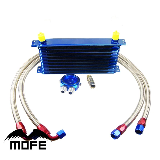 

10AN Engine Transmission 9 Row Aluminum Oil Cooler With Oil Filter Relocation Kit + Braided Stainless Steel Oil Pipes