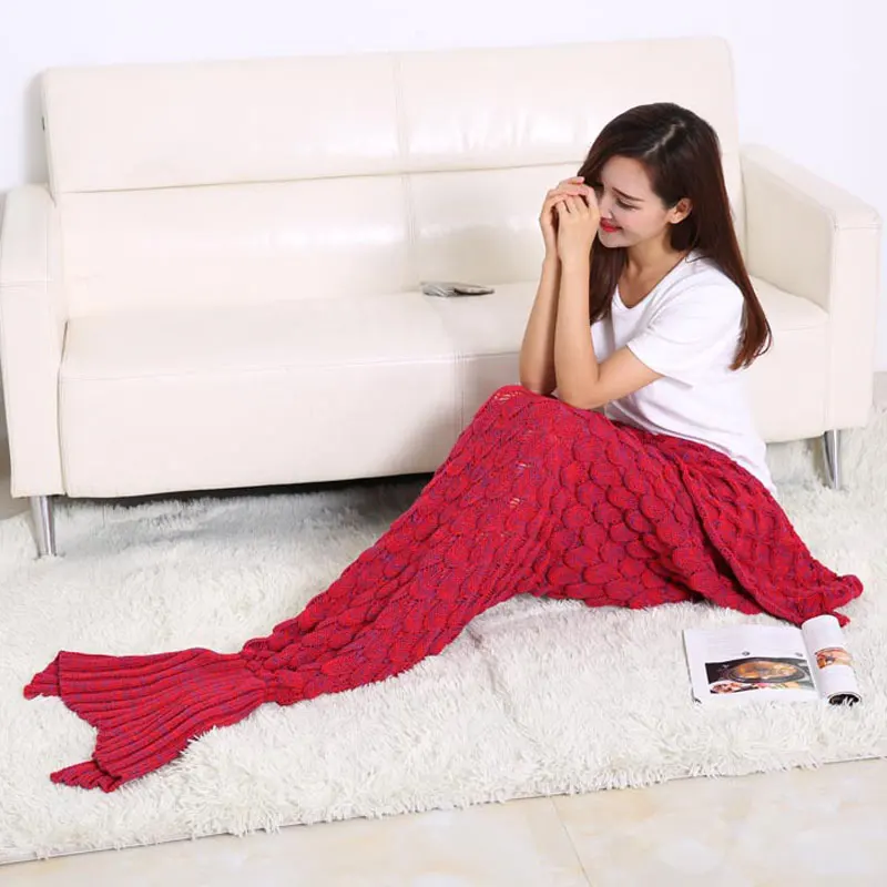 Модные Вязаные крючком хвост русалки стеганые бросить одеяло взрослых розовый vs