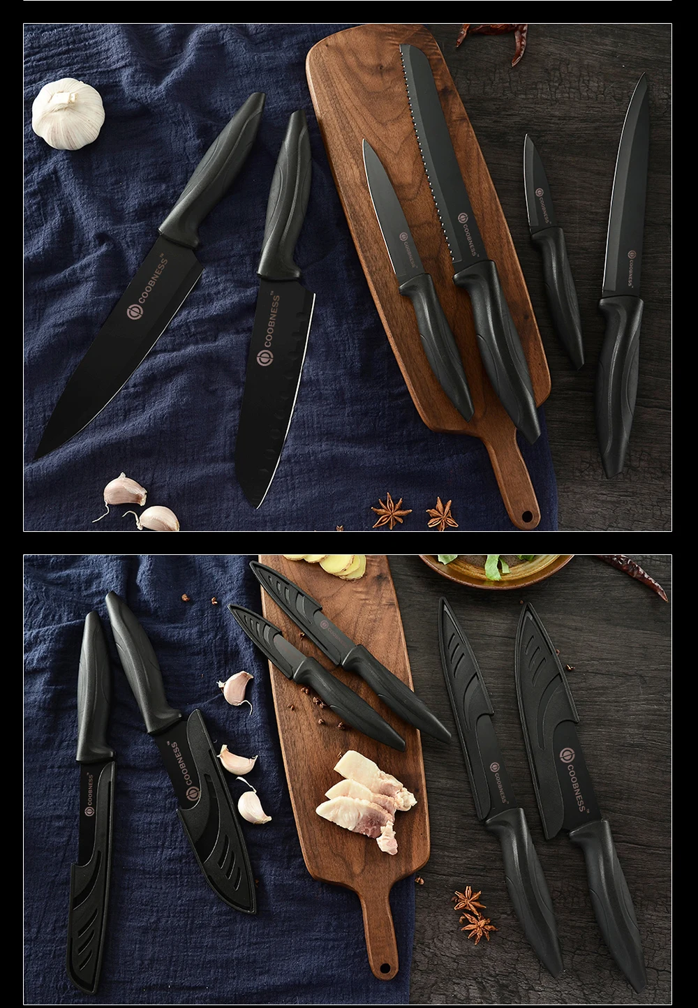 Кухонные ножи COOBNESS, профессиональный нож шеф-повара, нож Santoku, овощерезка, ножи, слайсер для нарезки сосисок, 3Cr13, стальные Черные ножи, наборы