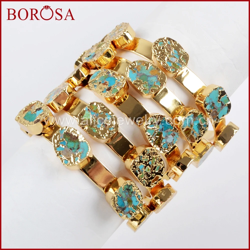 BOROSA 3/5 штук в партии Цвет Медь бирюзой пять-камень браслет натуральный синий камень с Медь браслет для Для женщин ювелирные изделия G1512