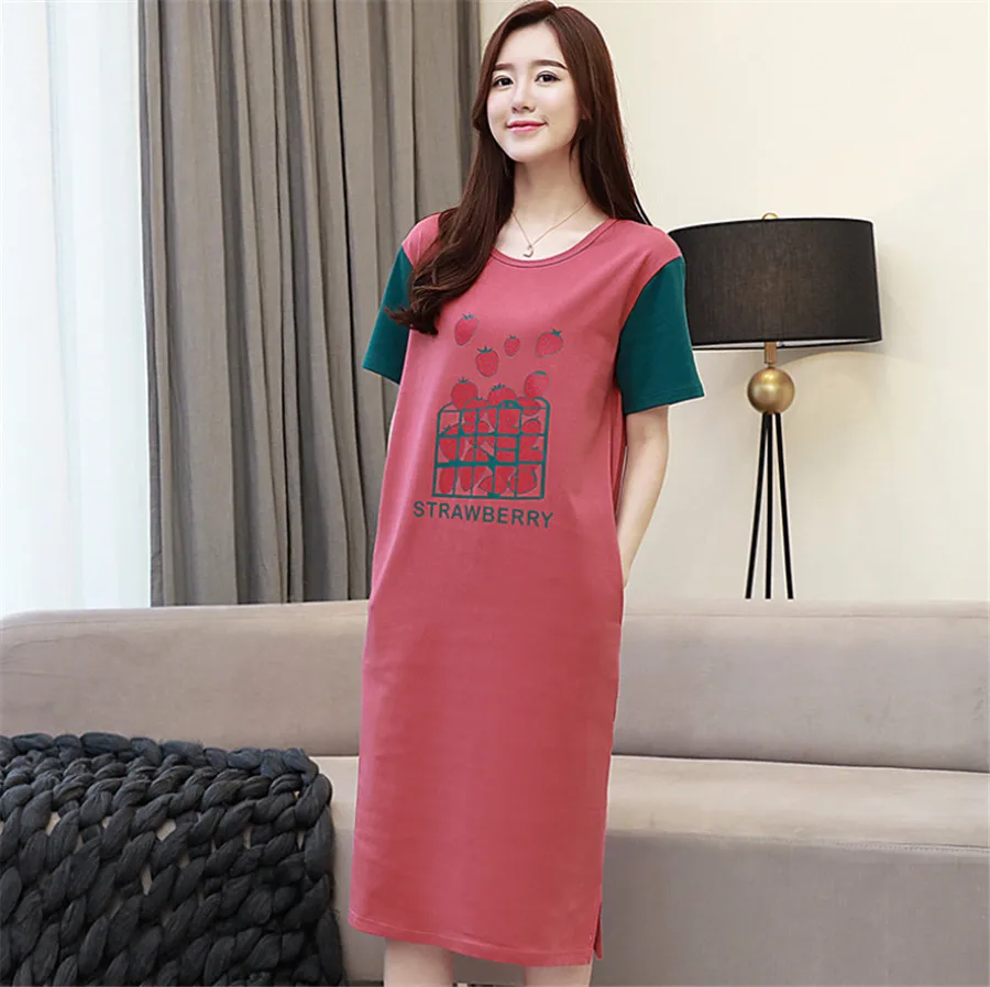 [Lakysilk] 3XL хлопковое Женское ночное платье с круглым вырезом и принтом с буквами из мультфильмов, ночная рубашка с коротким рукавом, удобная свободная летняя одежда для сна