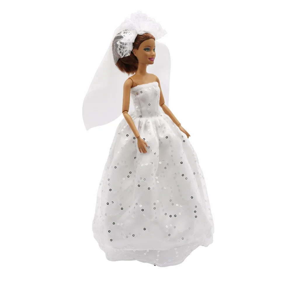 Party Doll Accessories white Dresses Gown Wedding Silver sequins dress with veil For Barbies doll for girls best gift | Игрушки и хобби