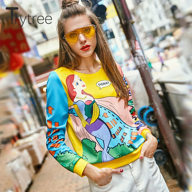 Весенне летние женские свитшоты Trytree уличная одежда Мультяшные Полиэстеровые