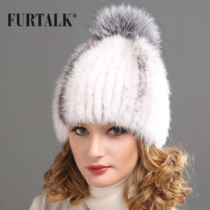 FURTALK ручной вязки естественно норки чернобурки меховые кисточки меховая шапка