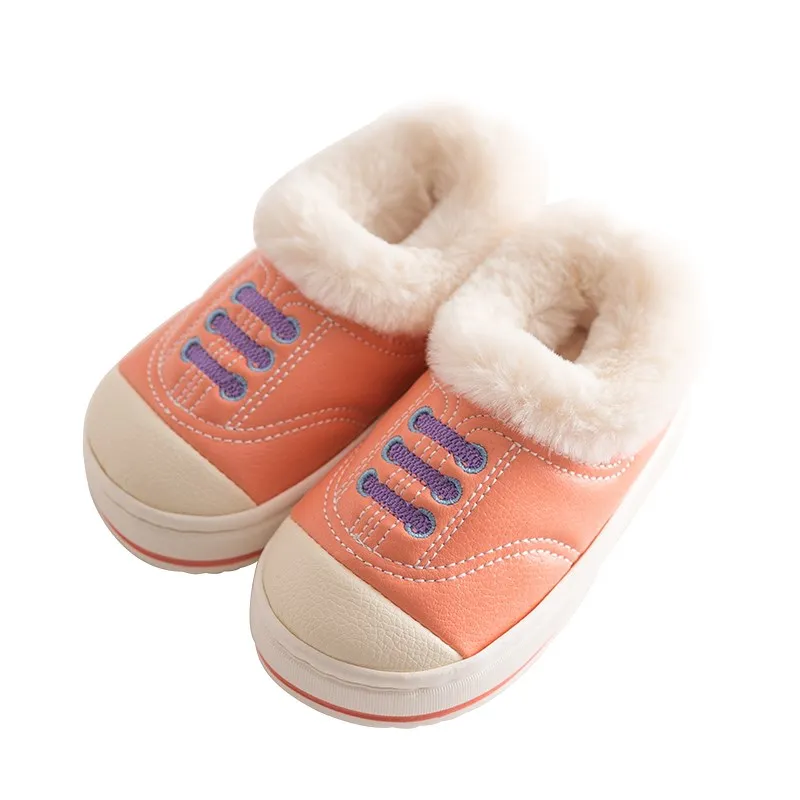 Orange powder BeckyWalk/детские тапочки; детская хлопковая зимняя домашняя обувь из искусственной кожи; теплые Нескользящие домашние тапочки для маленьких мальчиков и девочек; CSH697 - Цвет: Orange powder