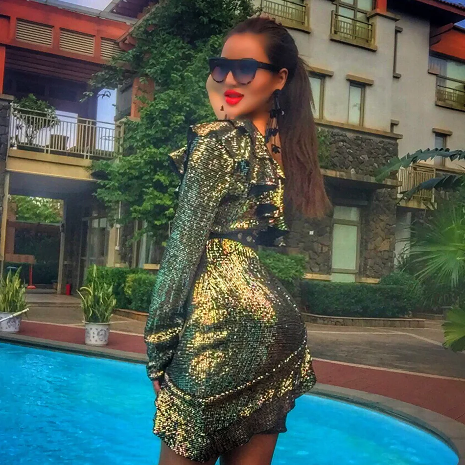 Сексуальное Асимметричное мини платье на одно плечо S Curve с оборками и блестками